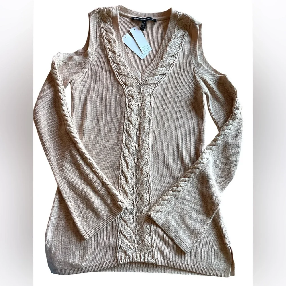 White House Black Market Tan V-Neck Sweater  cashmere with Cable Knit NWT